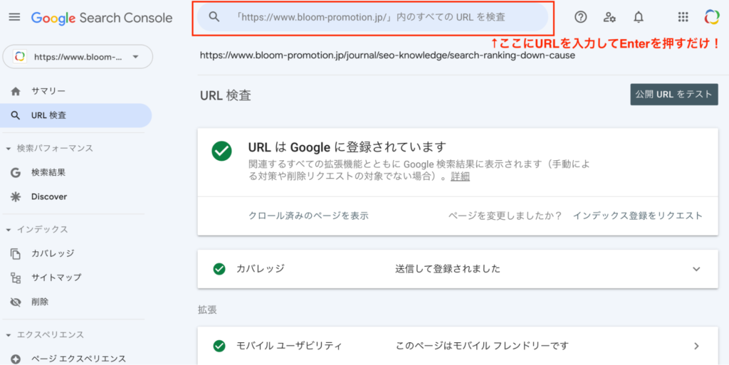 Google Search Console のURL検査画面